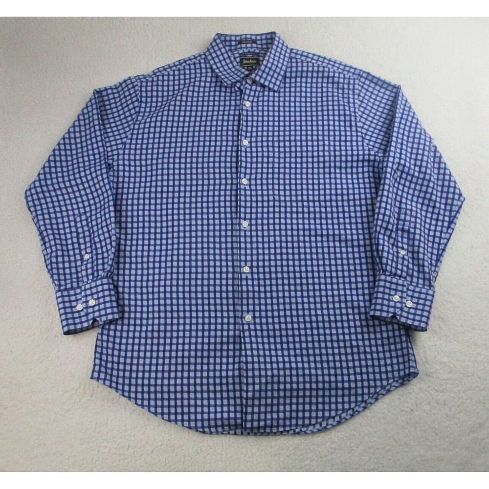 Neiman Marcus Dress Shirt Mens 32/33 8.5 Trim Fit Blue‎ Check Long Sleeve Button
